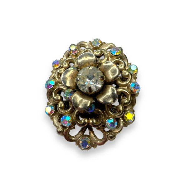 Vintage Aurora Borealis Crystal Layered Gold Tone Brooch With Roll Over Clasp - Picture 1 of 11